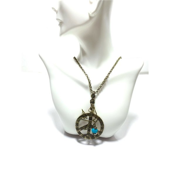 Long Chain Necklace with Peace Symbol-Dove - Picture 2 of 5